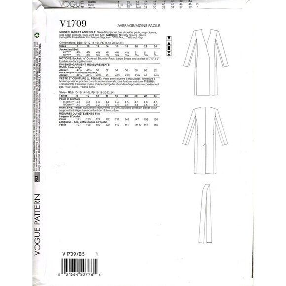 Vogue V1709 Misses 8 to 16 Guy Laroche Light Jacket Uncut Sewing Pattern - Picture 2 of 2
